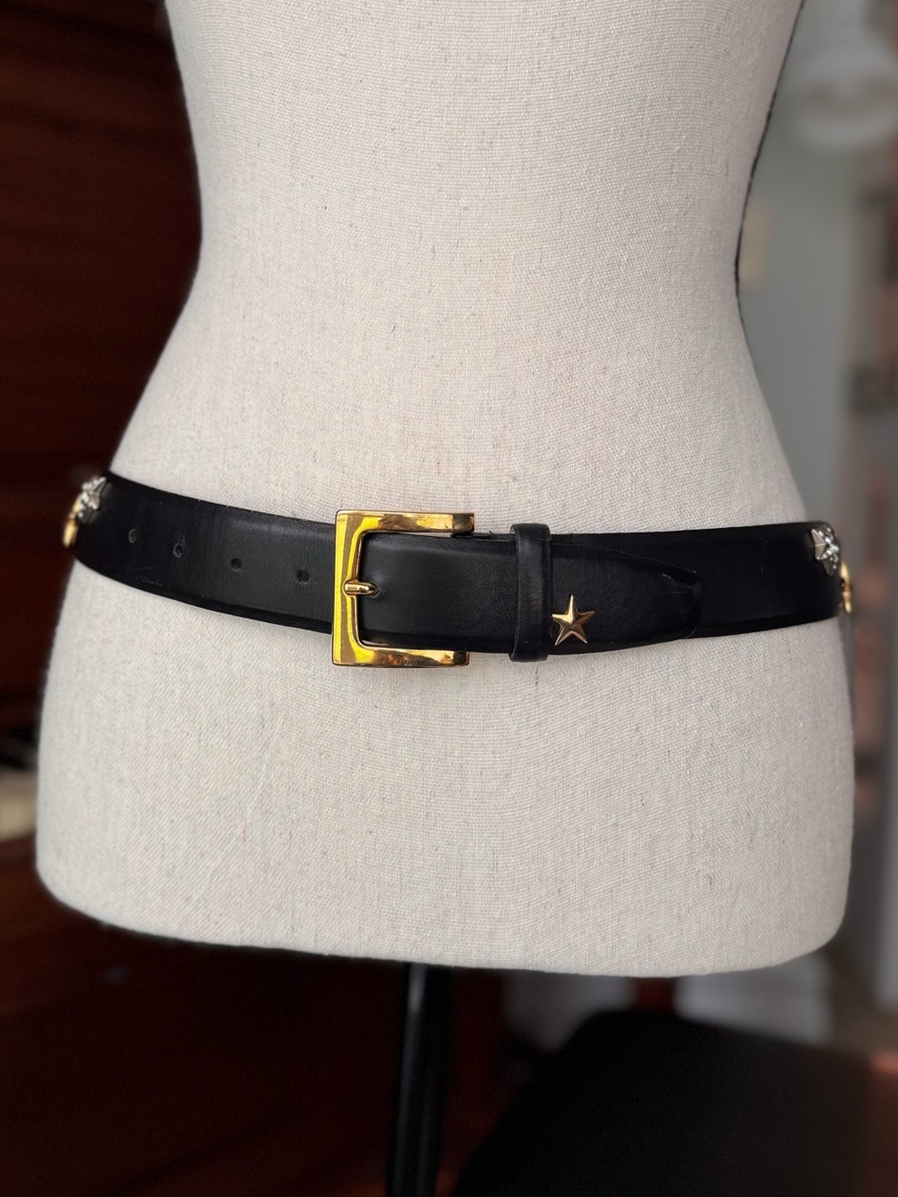 VTG Carlisle Black Leather Star Studded Belt S Gold Buckle Celestial 90’s Punk - Picture 16 of 16